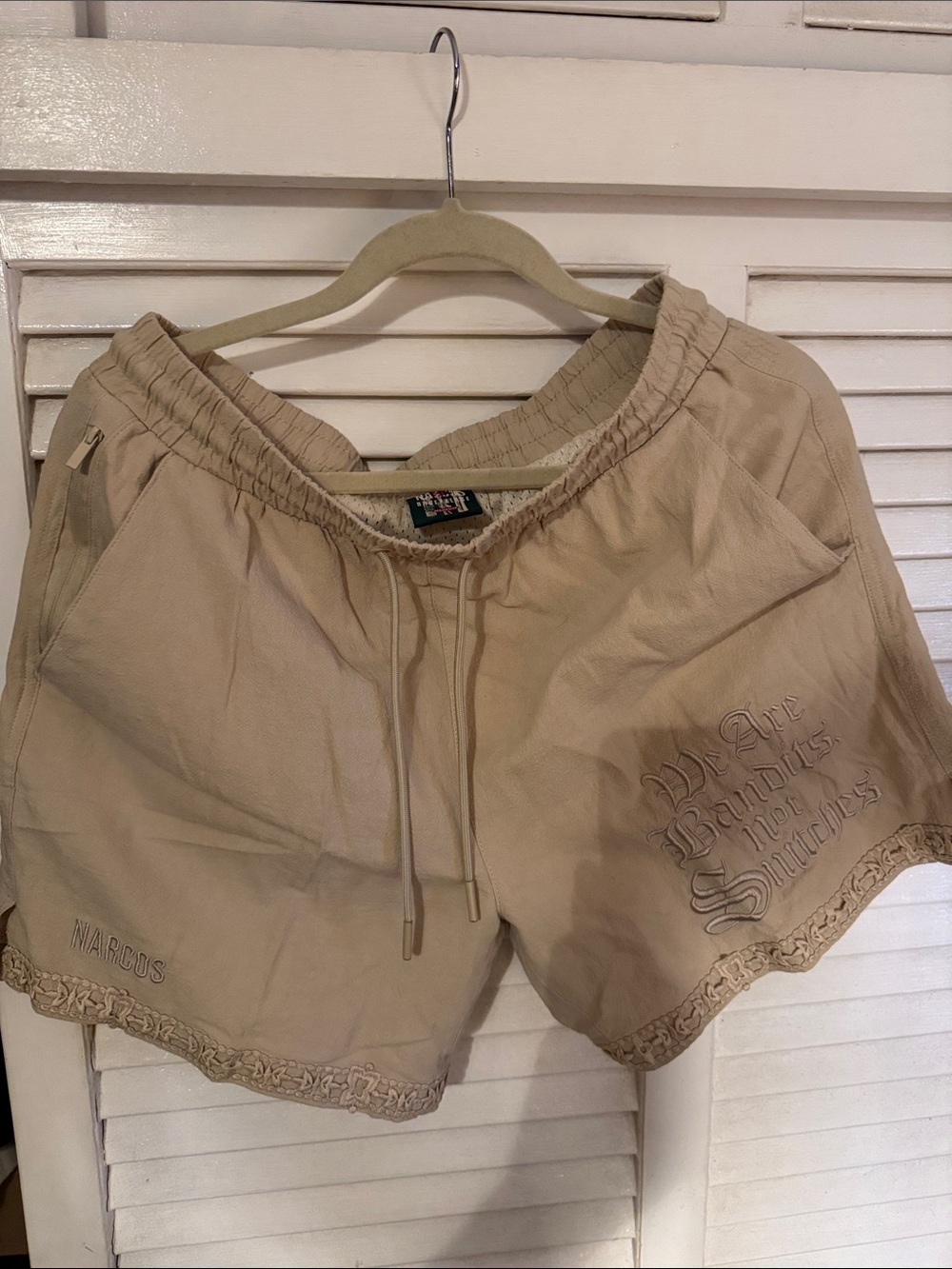 Beige Women's Drawstring Shorts with Embroidered Detail